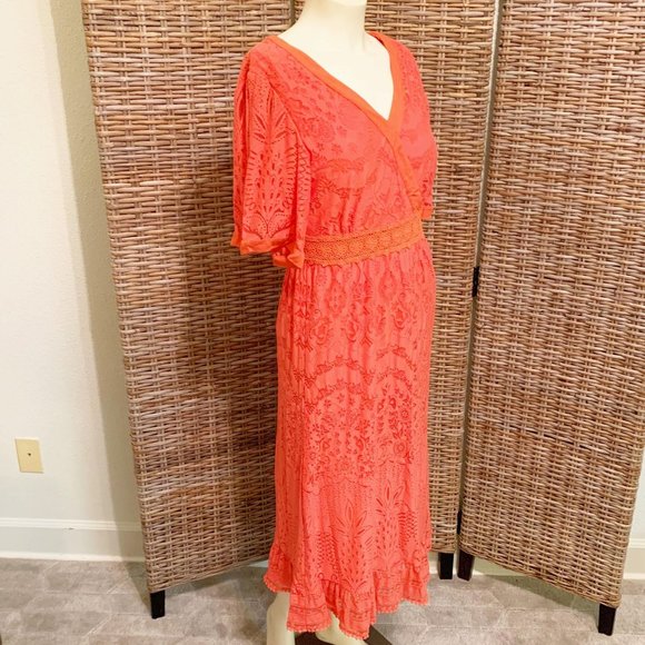 Anthropologie Farm Rio Devore Lace Pink and Orange Maxi Dress V-Neck Small - Picture 5 of 10